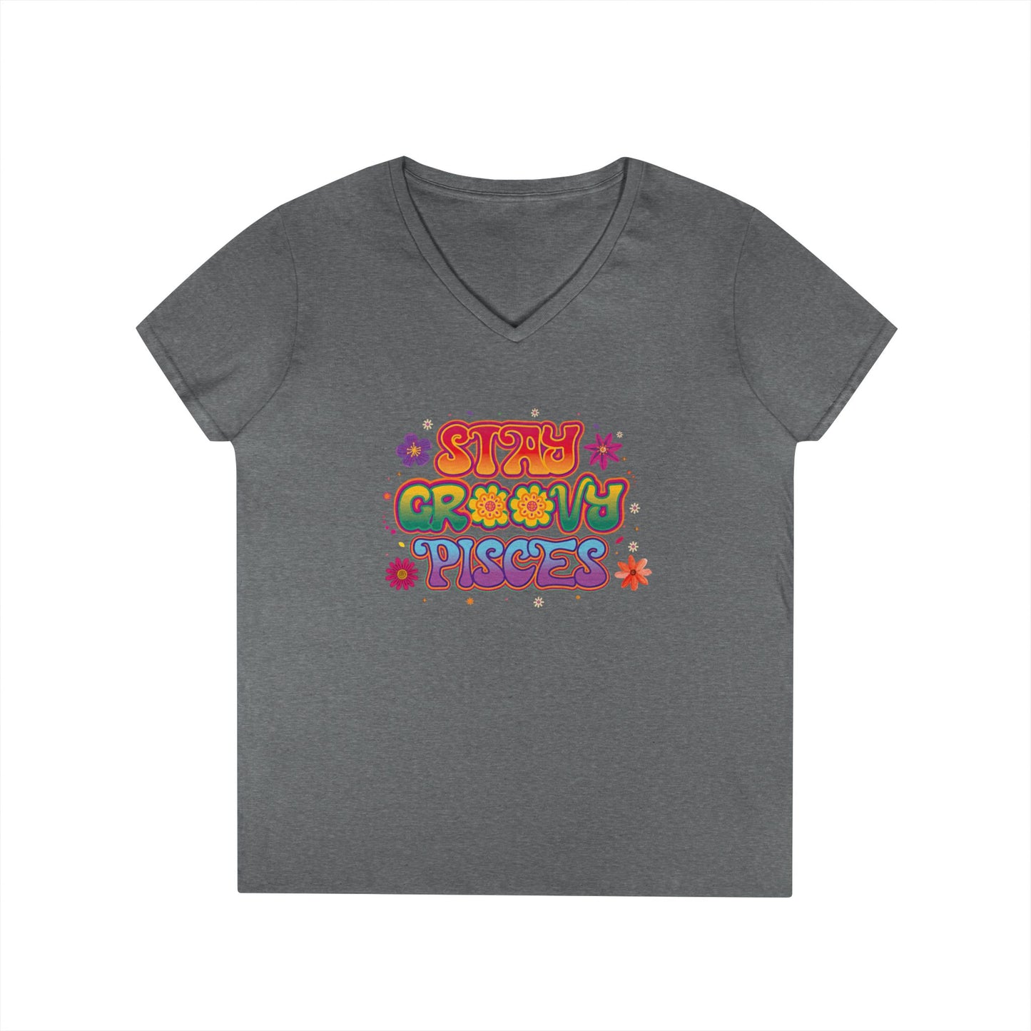 Stay Groovy Pisces Women’s V-Neck Tee – Empowering Retro Zodiac Shirt