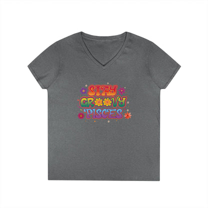 Stay Groovy Pisces Women’s V-Neck Tee – Empowering Retro Zodiac Shirt