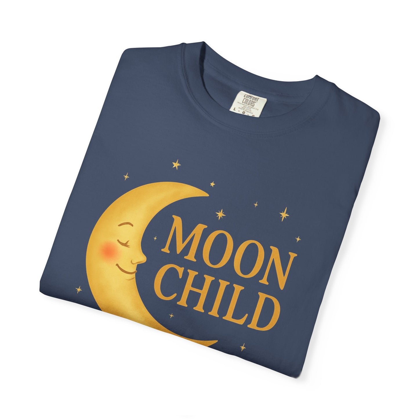 Moon Child Crescent Tee – Vibrant Golden Celestial Comfort Colors 1717 Shirt
