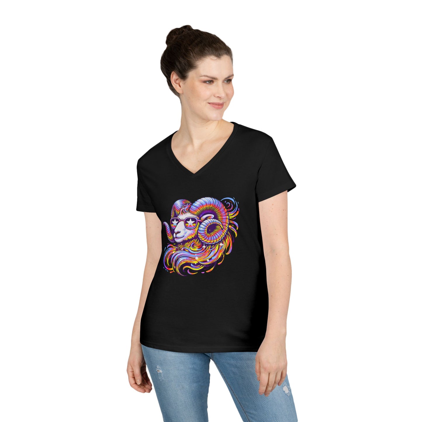 Psychedelic Ram Women’s V-Neck Tee – Empowering Aries Zodiac Shirt