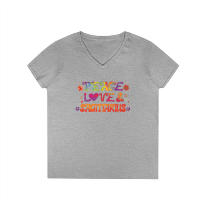 Peace Love Sagittarius Women’s V-Neck Tee – Empowering Retro Zodiac Shirt