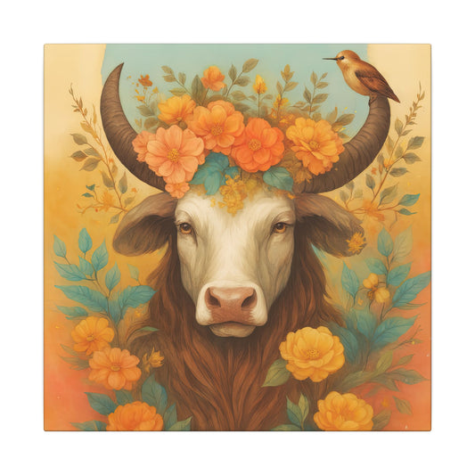 Bull with Bird – Floral Serenity Wall Art (Taurus Inspired), Square