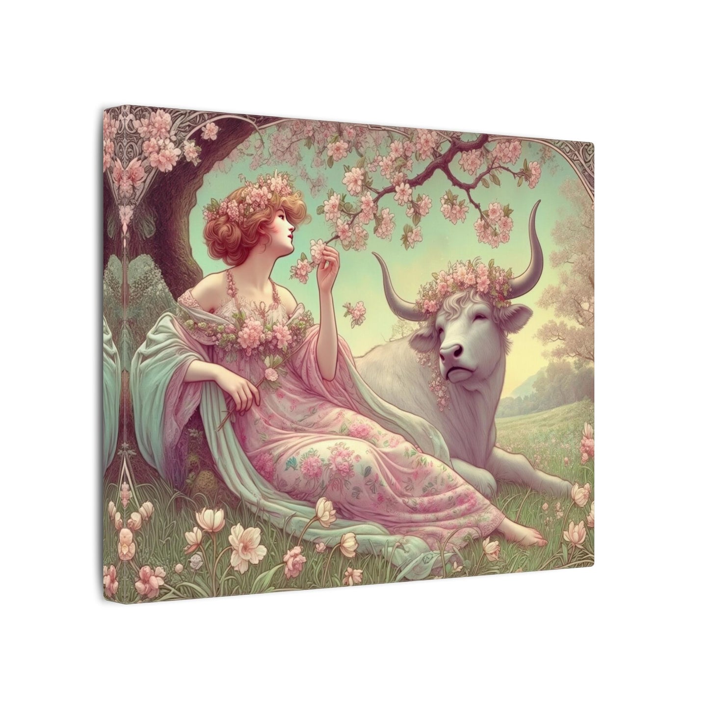 Secret Meadow: Bull and Bloom | Taurus Goddess Art Nouveau Zodiac Wall Art