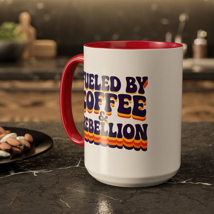 Fueled by Coffee & Rebellion – Funny Retro Mug (Color Accent, 11oz & 15oz)