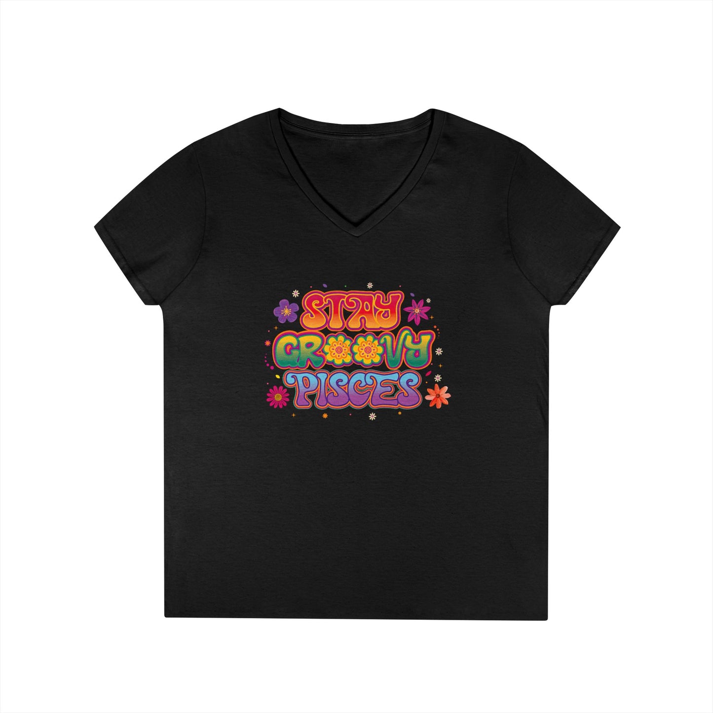 Stay Groovy Pisces Women’s V-Neck Tee – Empowering Retro Zodiac Shirt