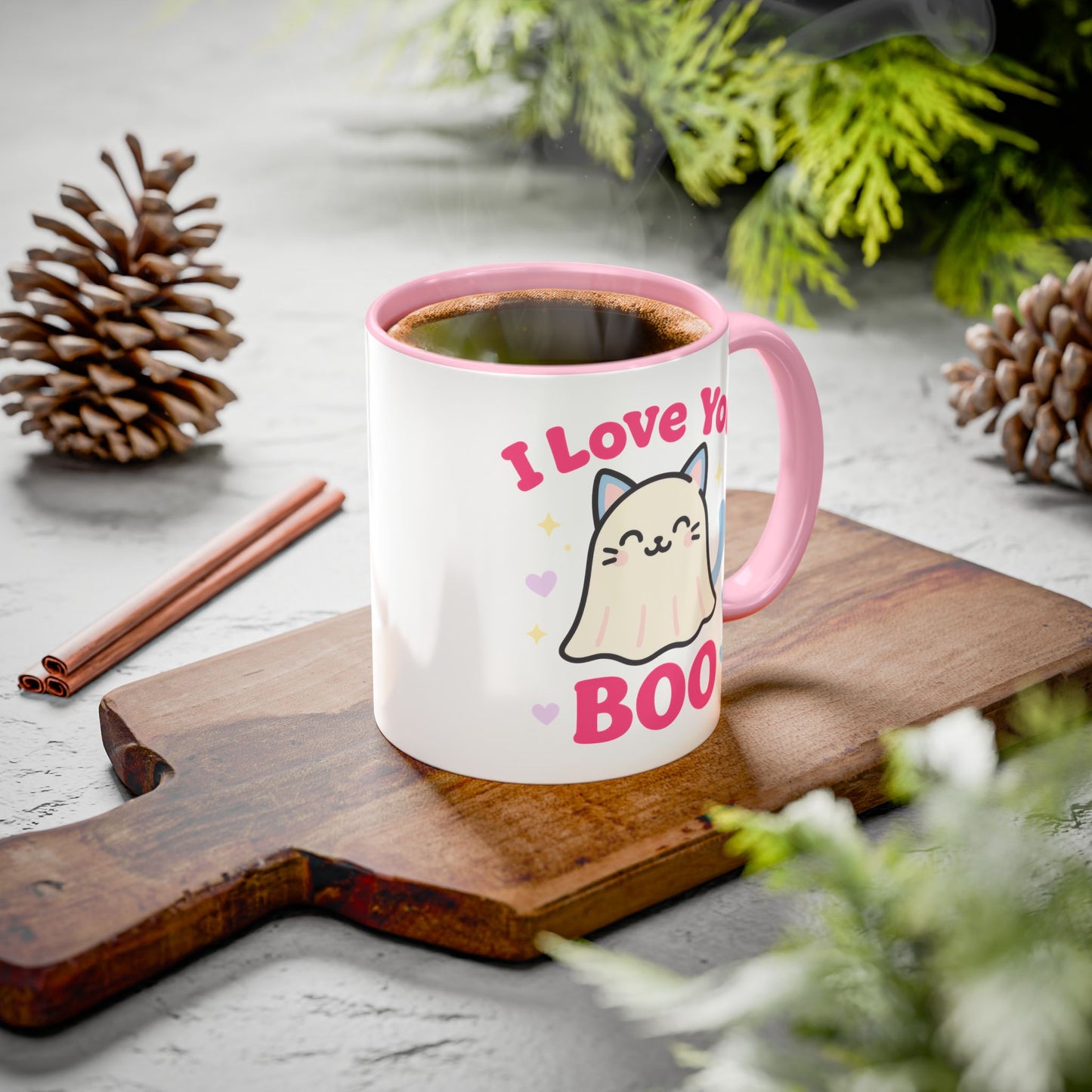 Cute Cat Ghost Mug – Adorable Kitty “I Love You Boo” Mug (Pink Accent (11oz & 15oz)