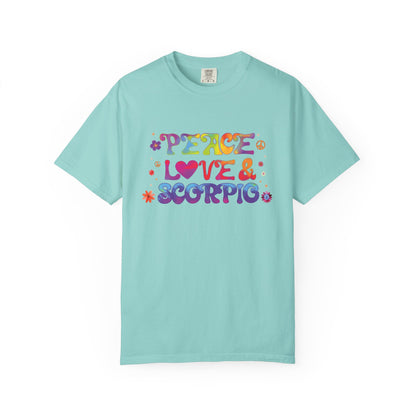 Peace Love & Scorpio Tee – Colorful Retro Zodiac Shirt