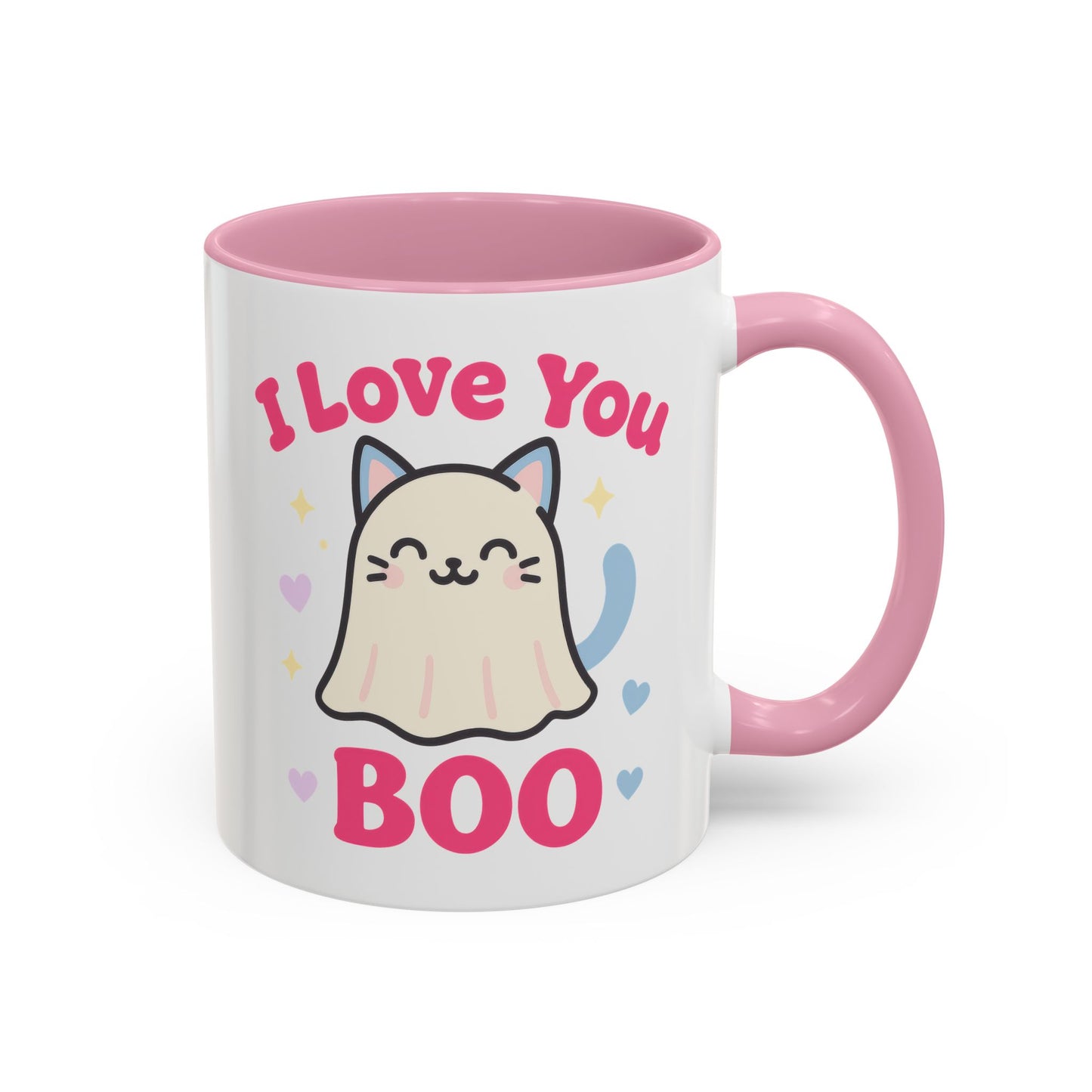 Cute Cat Ghost Mug – Adorable Kitty “I Love You Boo” Mug (Pink Accent (11oz & 15oz)