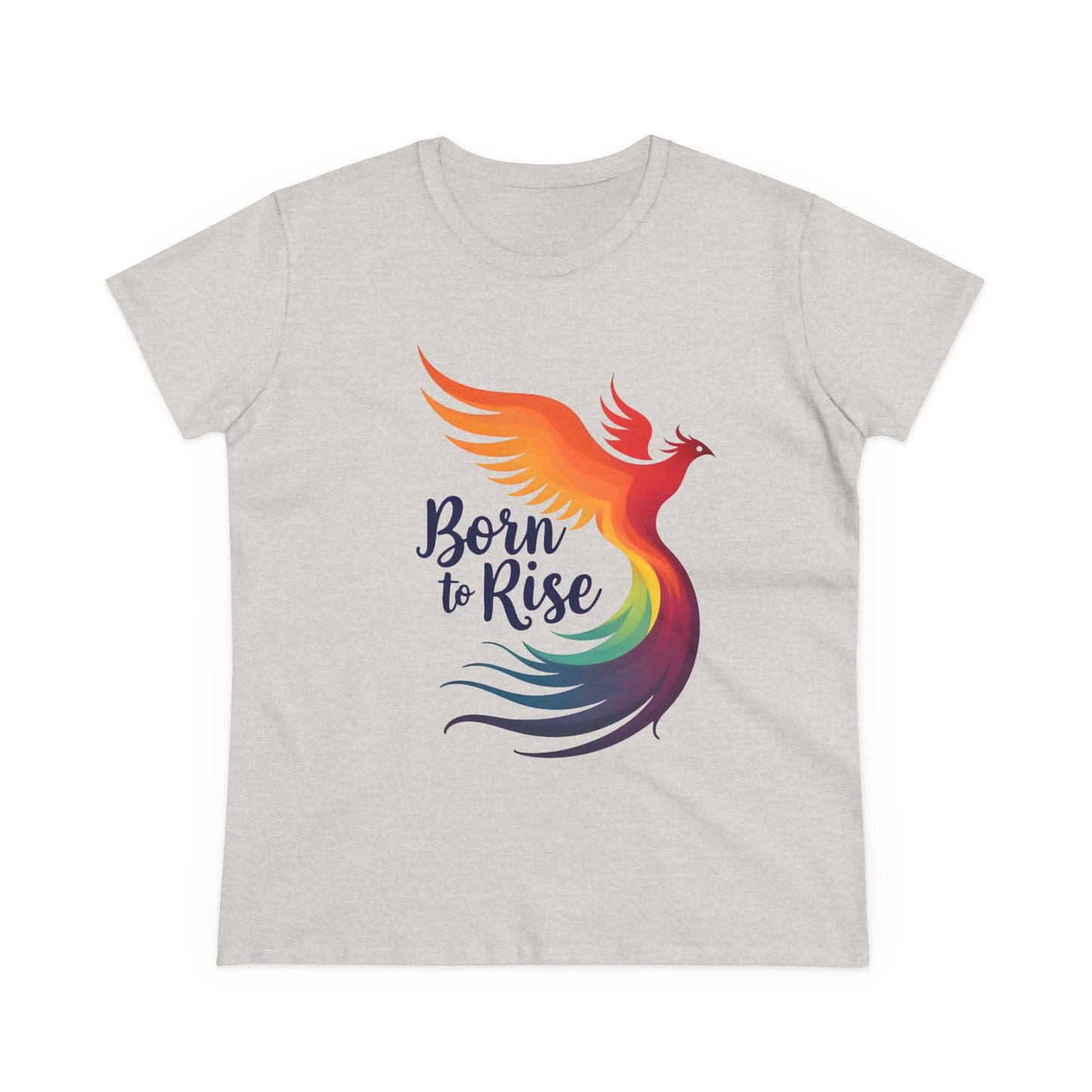 Born to Rise Women’s Crewneck Tee – Empowering Phoenix Colorful Shirt