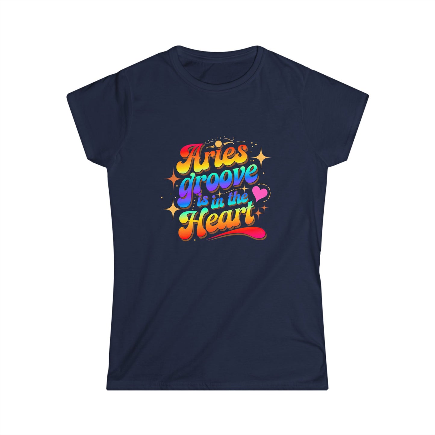 Aries Groove Is in the Heart T-Shirt | Rainbow Aries Vibes Tee | Zodiac Astrology Shirt for Her | Cosmic Birthday Gift | Women's Softstyle Star Sign Tee