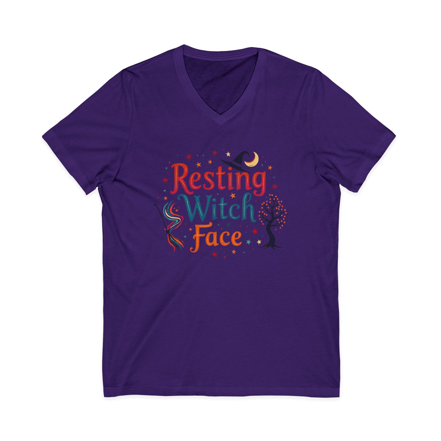 Resting Witch Face V-Neck Tee – Funny Magical Colorful Shirt