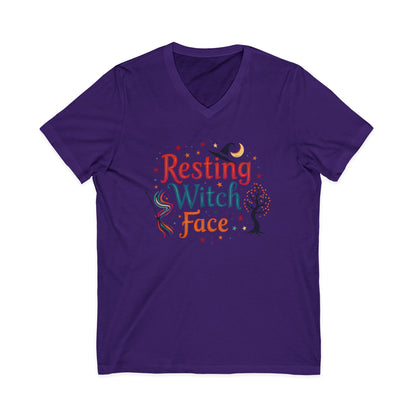 Resting Witch Face V-Neck Tee – Funny Magical Colorful Shirt