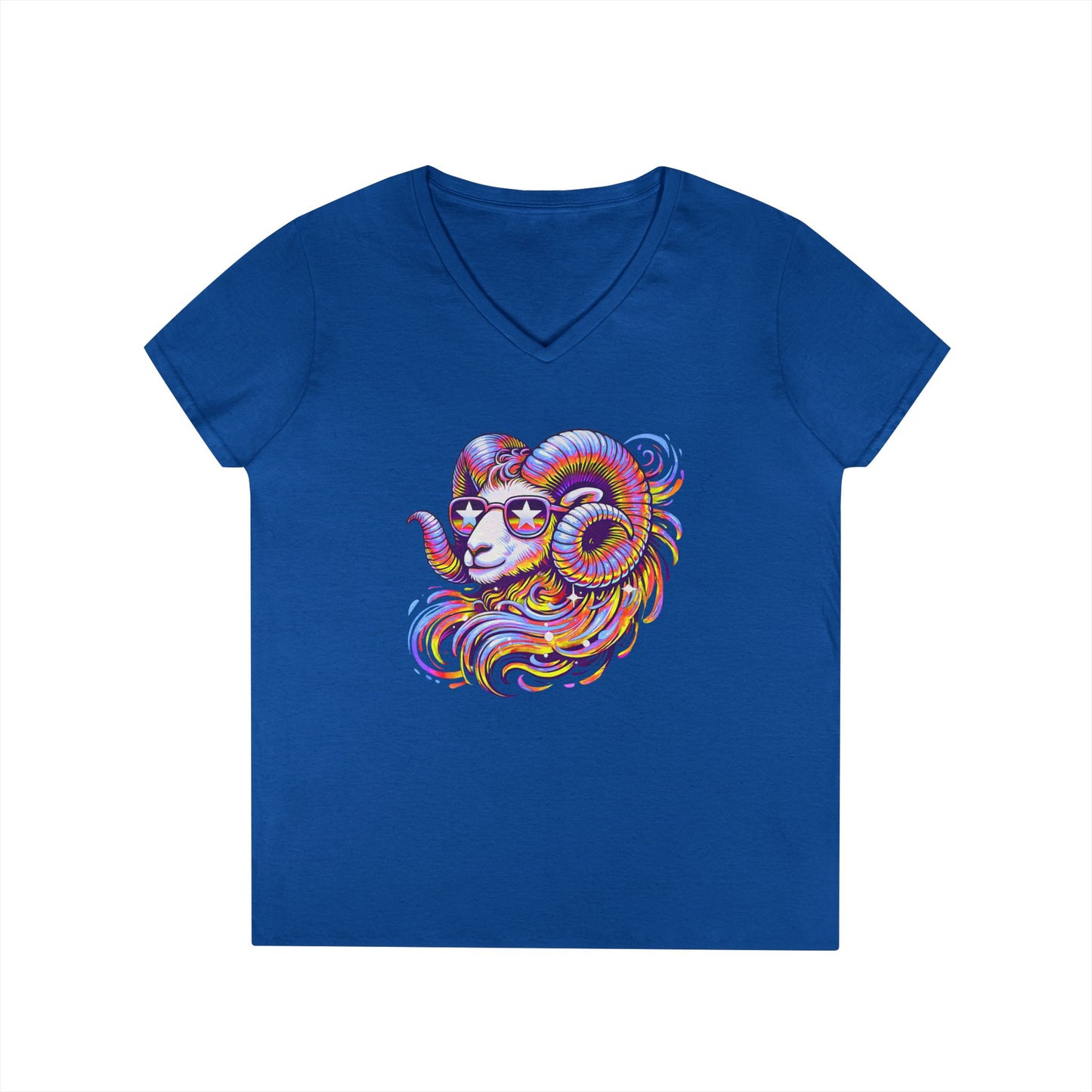 Psychedelic Ram Women’s V-Neck Tee – Empowering Aries Zodiac Shirt