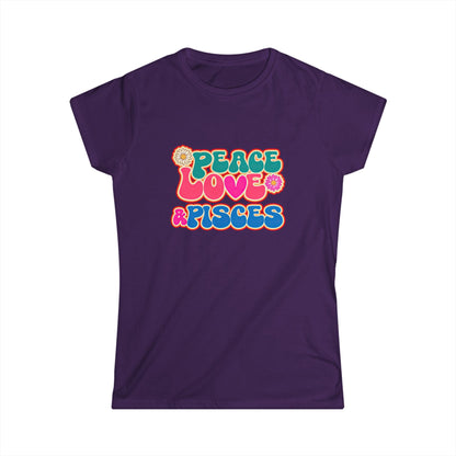 Peace Love & Pisces Softstyle Tee for Women | Boho Zodiac Graphic Shirt | Astrology Apparel for Pisces | Relaxed Star Sign Tee | Everyday Gift for Water Sign Lovers