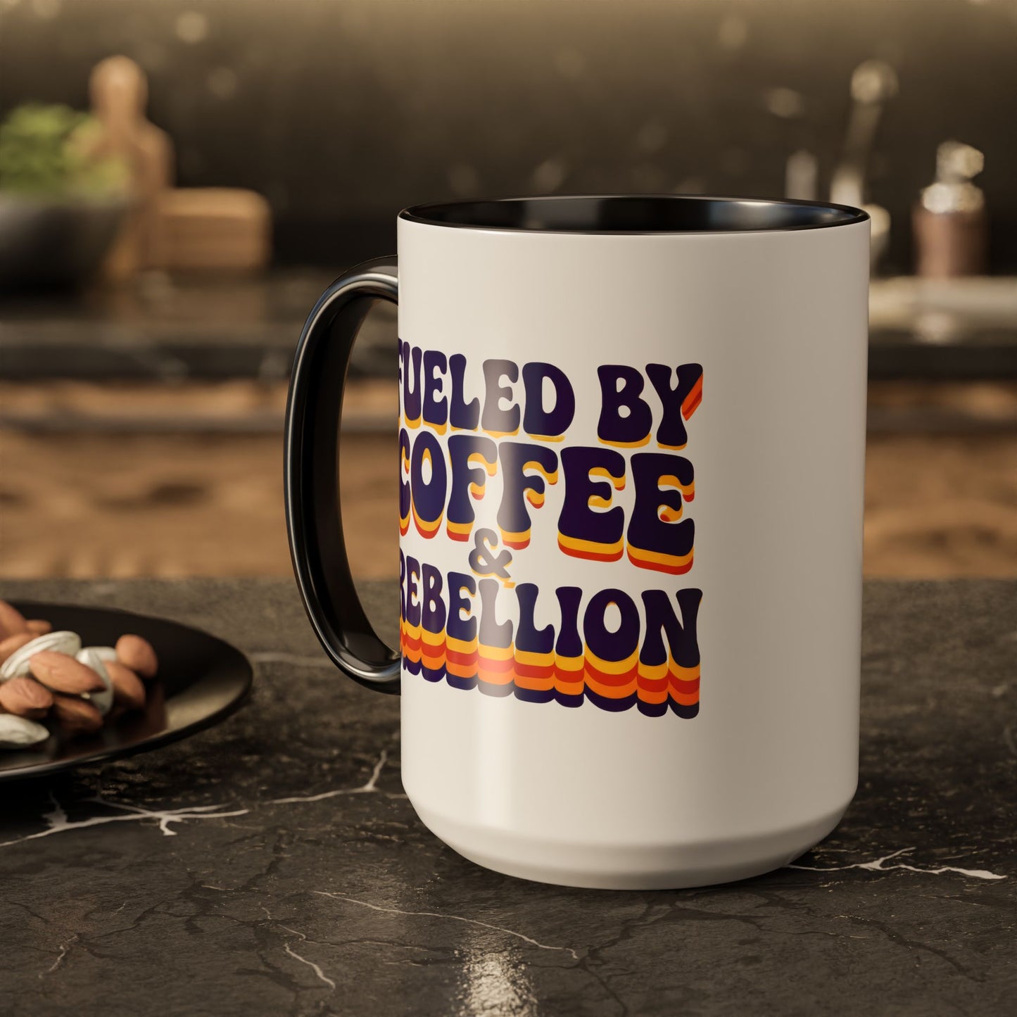 Fueled by Coffee & Rebellion – Funny Retro Mug (Color Accent, 11oz & 15oz)