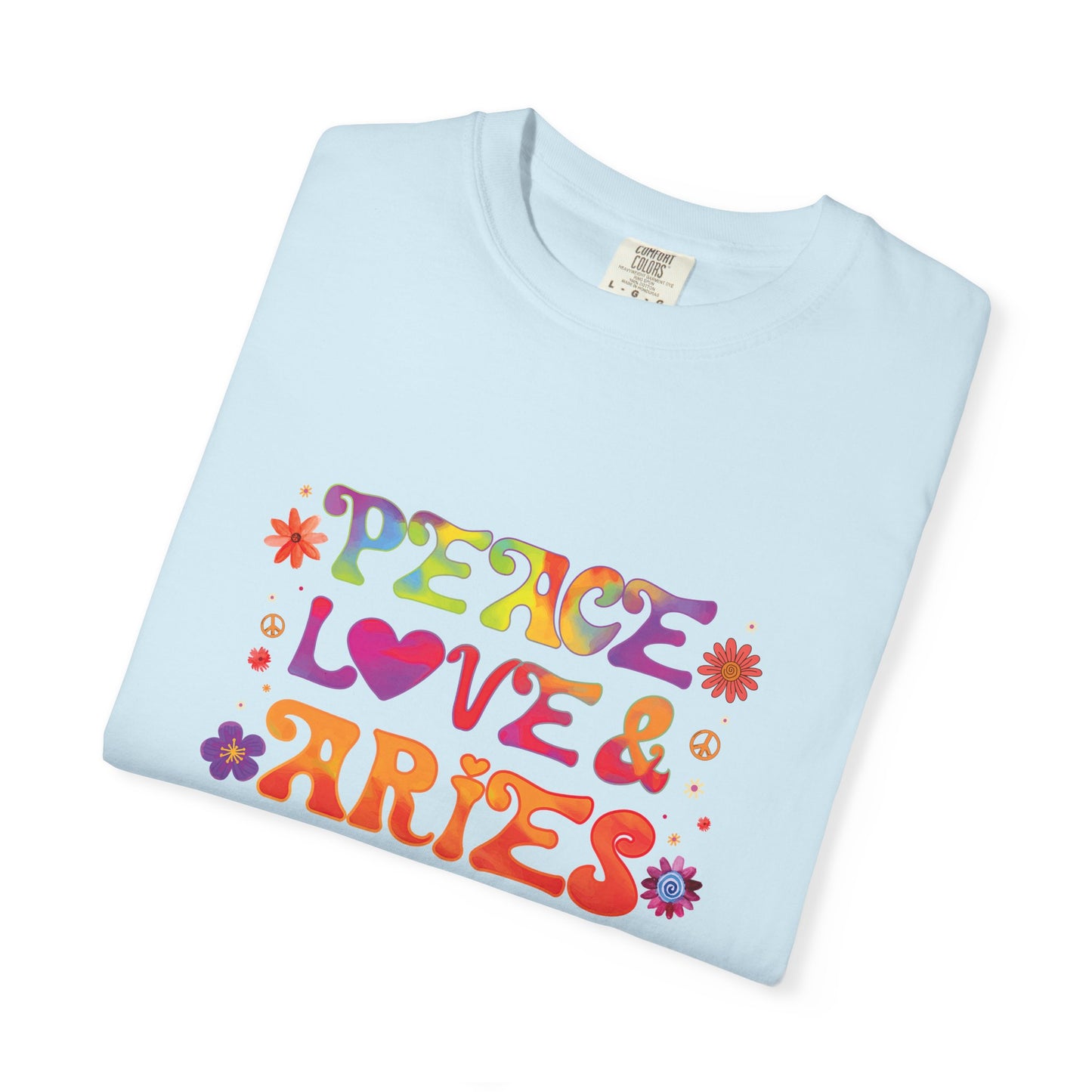 Peace Love & Aries – Colorful Retro Zodiac Tee