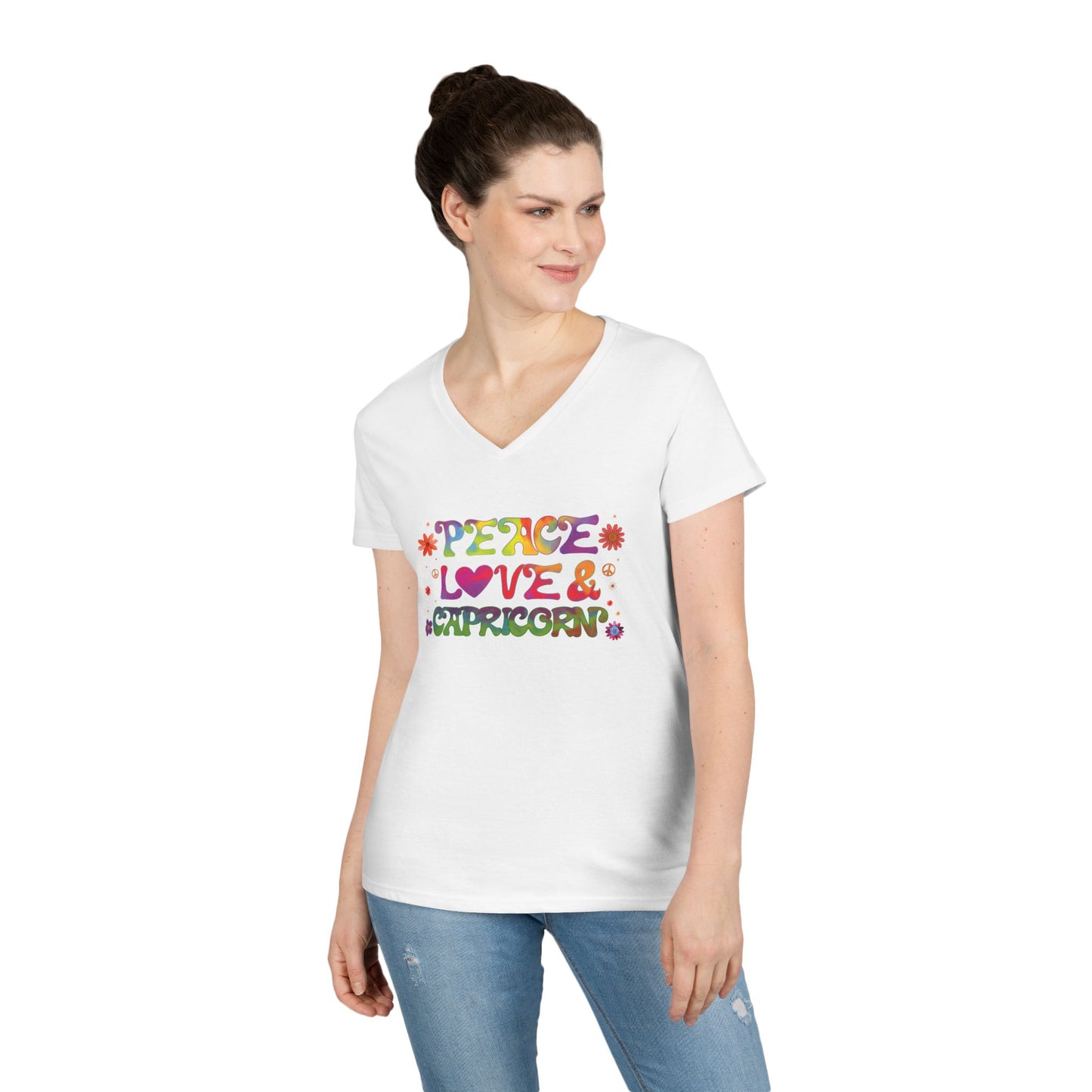 Peace Love Capricorn Women’s V-Neck Tee – Empowering Retro Zodiac Shirt