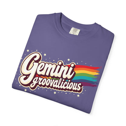 Gemini Groovalicious - Retro Rainbow Script Zodiac Tee