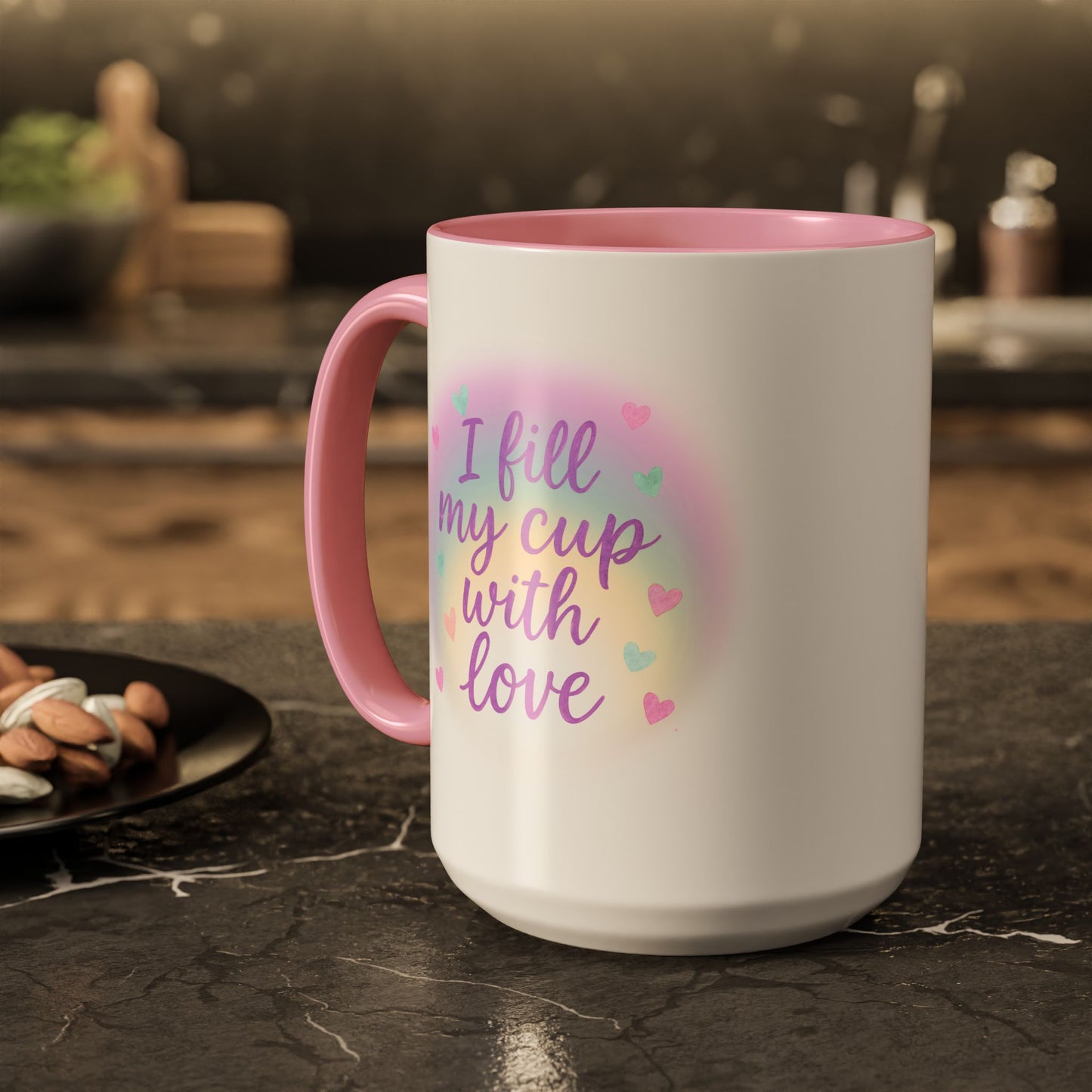 I Fill My Cup with Love – Sweet Hearts Colorful Affirmation Mug (11oz & 15oz Pink Accent)