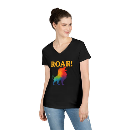 Roar Lion Women’s V-Neck Tee – Empowering Rainbow Zodiac Leo Shirt