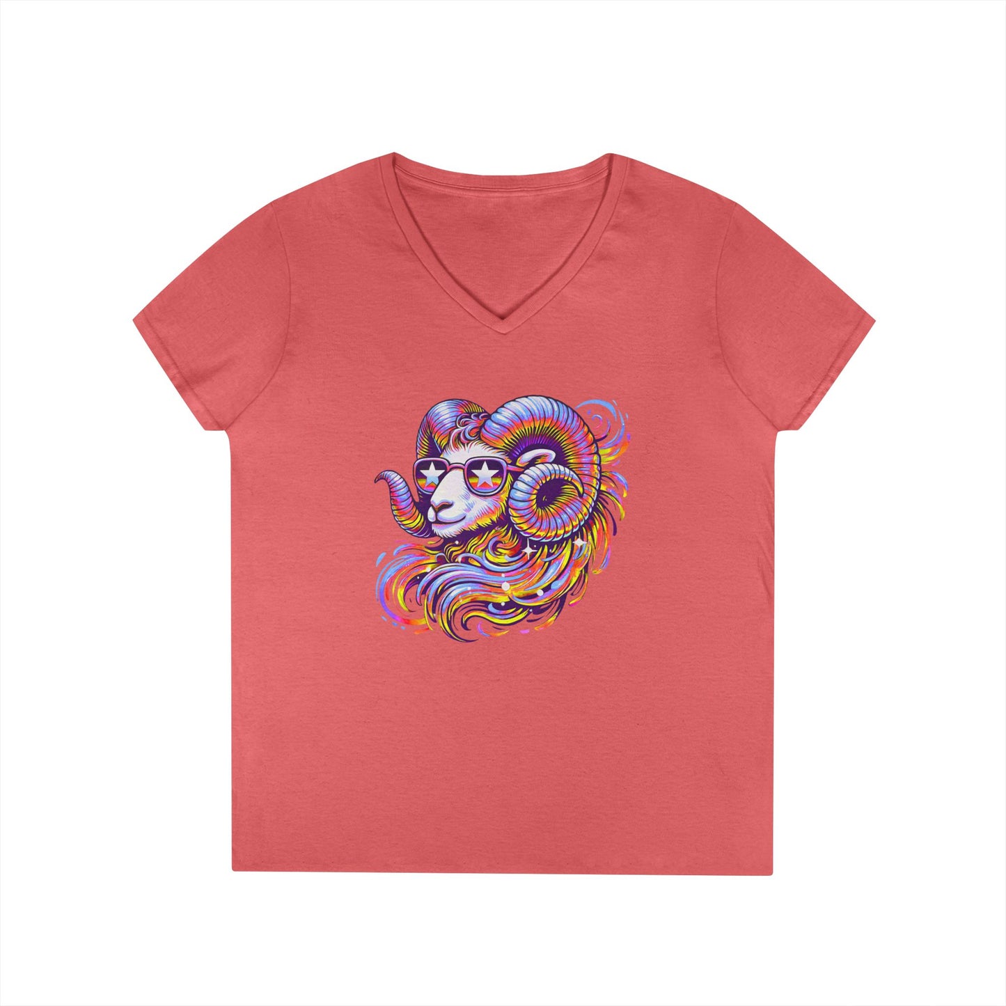 Psychedelic Ram Women’s V-Neck Tee – Empowering Aries Zodiac Shirt