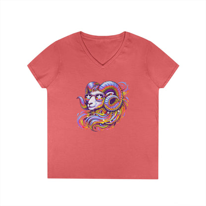 Psychedelic Ram Women’s V-Neck Tee – Empowering Aries Zodiac Shirt