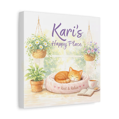 Personalized Cat Canvas Print - "Kari's Happy Place" Cozy Pet Wall Art