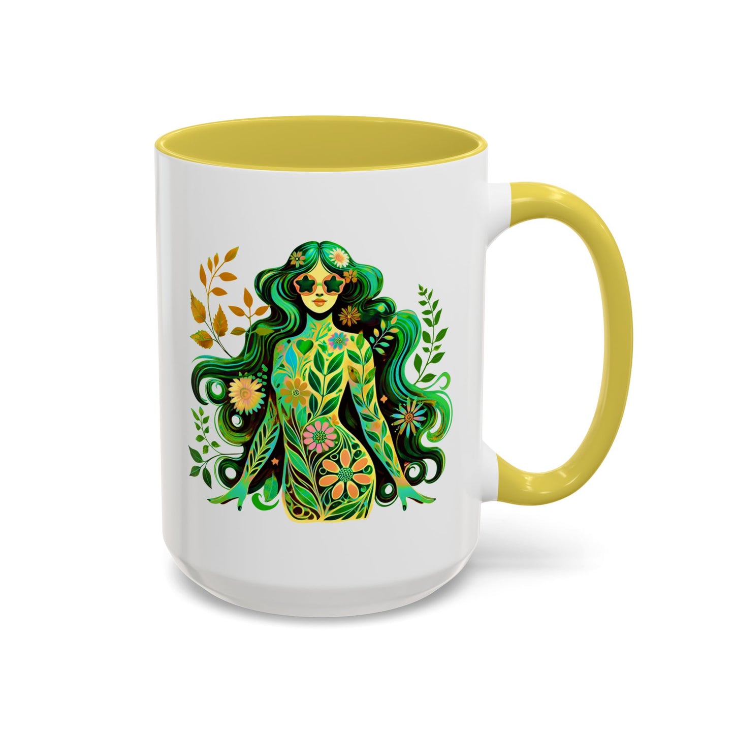 I’m Super Natural – Groovy Earth Goddess Two-Sided Mug (Yellow or Green, 11oz & 15oz)