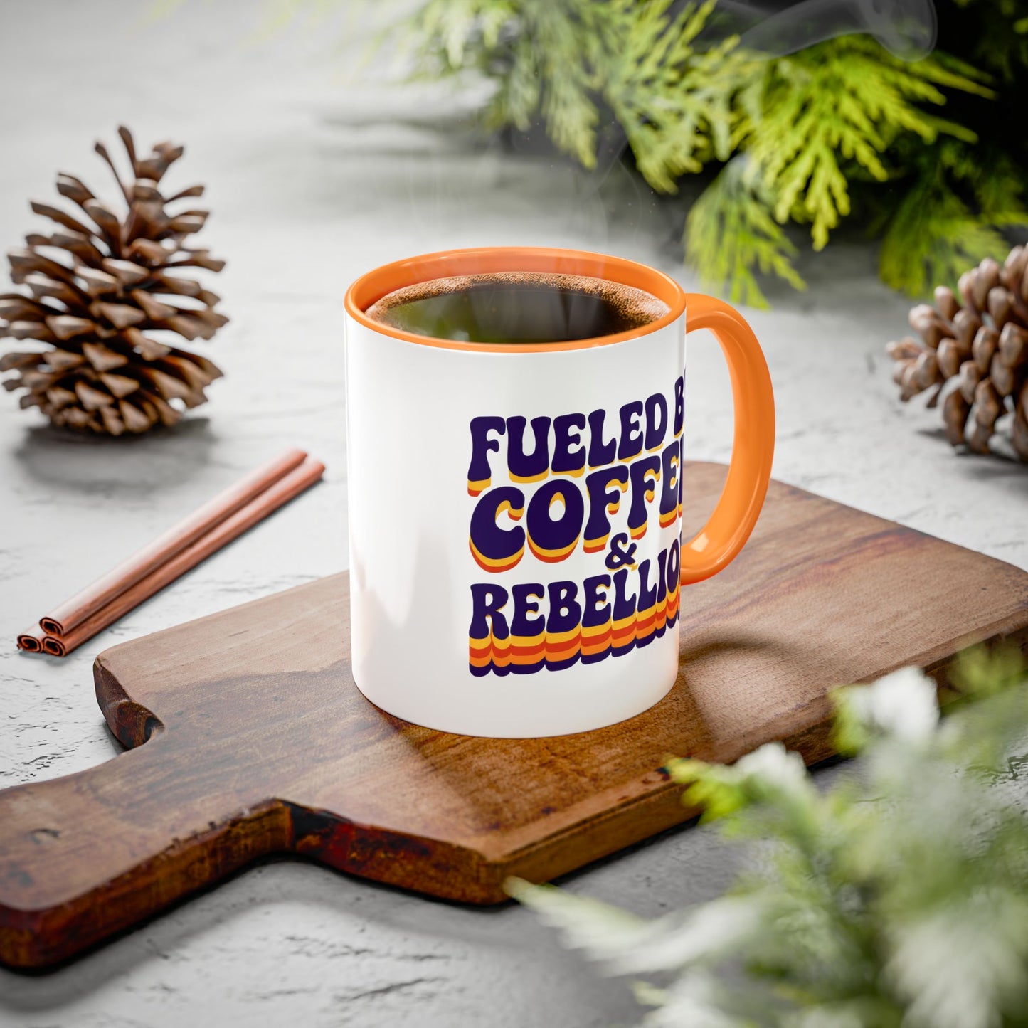 Fueled by Coffee & Rebellion – Funny Retro Mug (Color Accent, 11oz & 15oz)