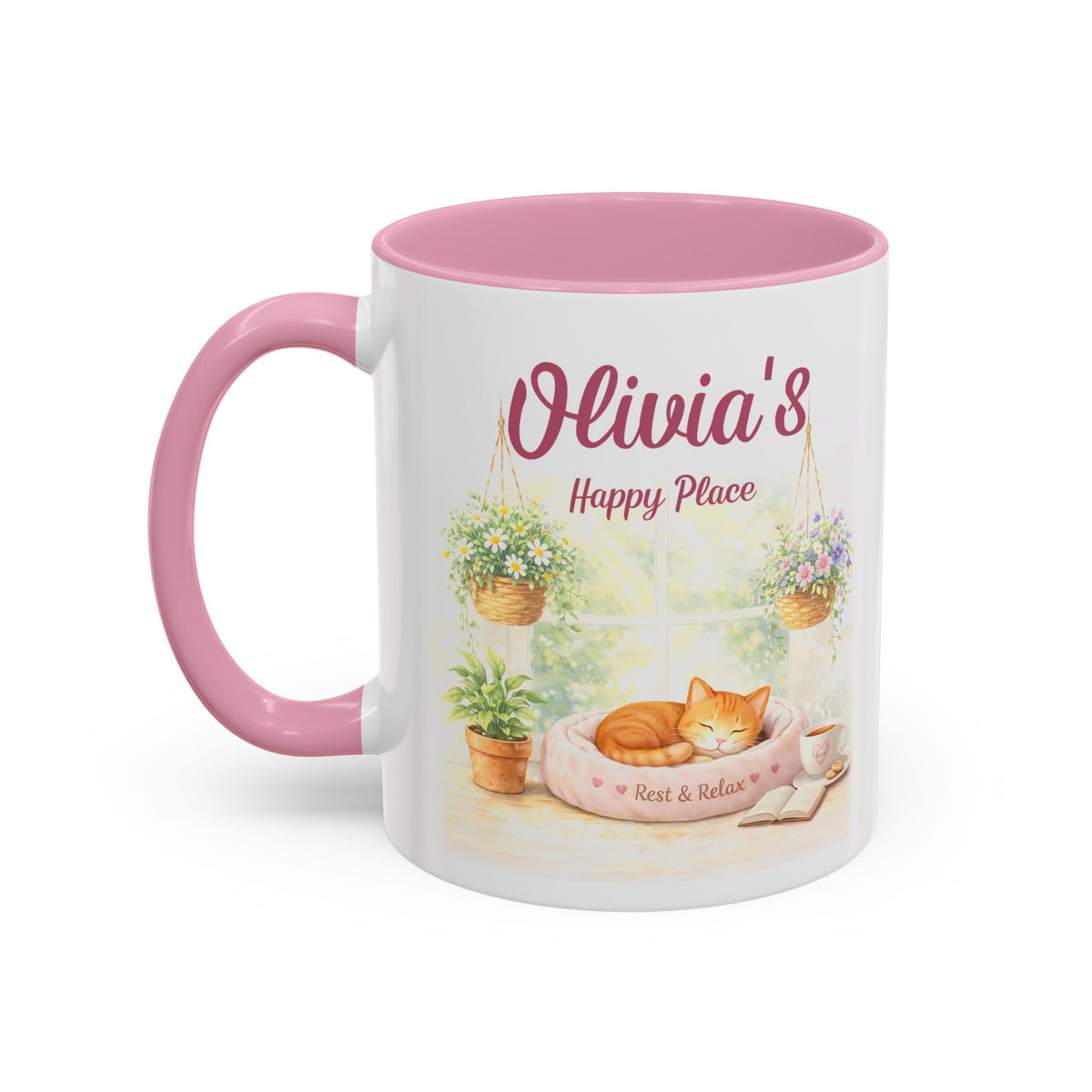 Personalized Cat Coffee Mug, Custom Cat Lover Gift, Cozy Pink Tea Mug, Cute Cat Mom Gift, Relaxing Cat Cup