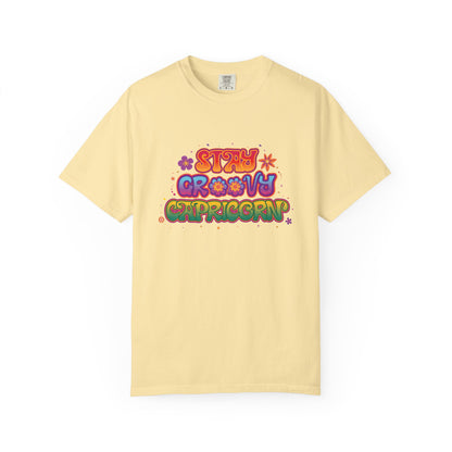 Stay Groovy Capricorn – Retro Flower Power Zodiac Tee