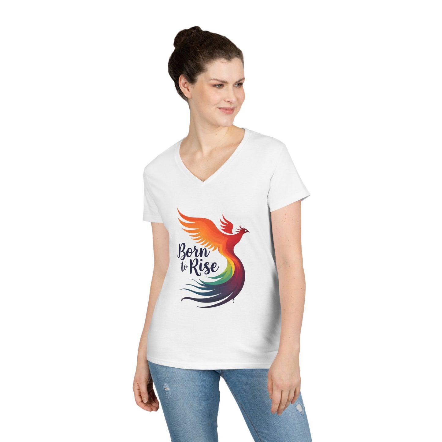 Born to Rise Women’s V-Neck Tee – Empowering Phoenix Colorful Shirt