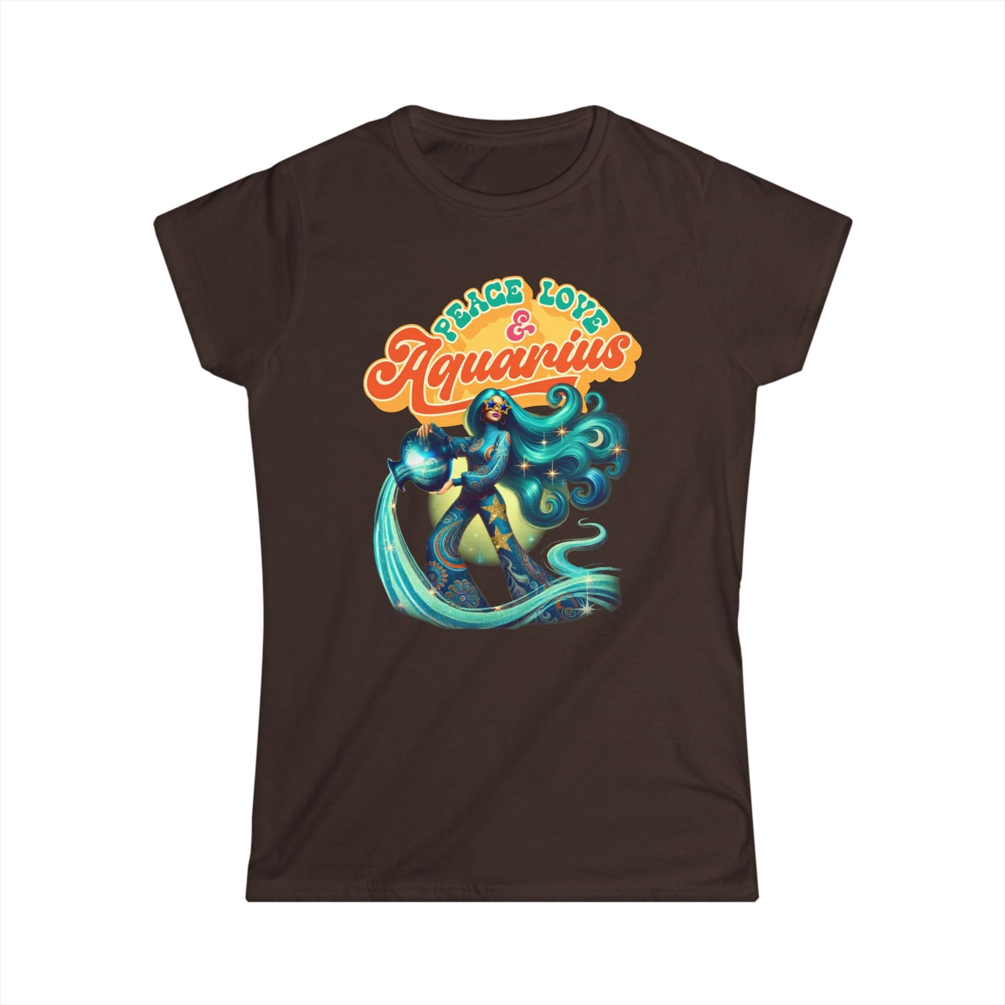 Peace Love Aquarius Women’s Softstyle Tee – Empowering Retro Zodiac Shirt