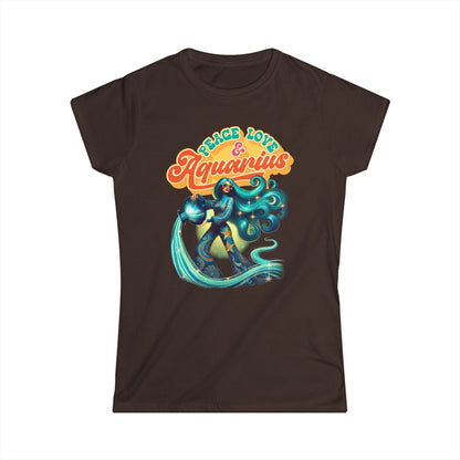 Peace Love Aquarius Women’s Softstyle Tee – Empowering Retro Zodiac Shirt
