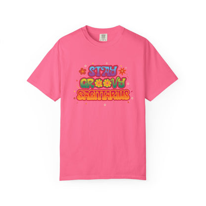 Stay Groovy Sagittarius – Retro Zodiac Flower Power Tee