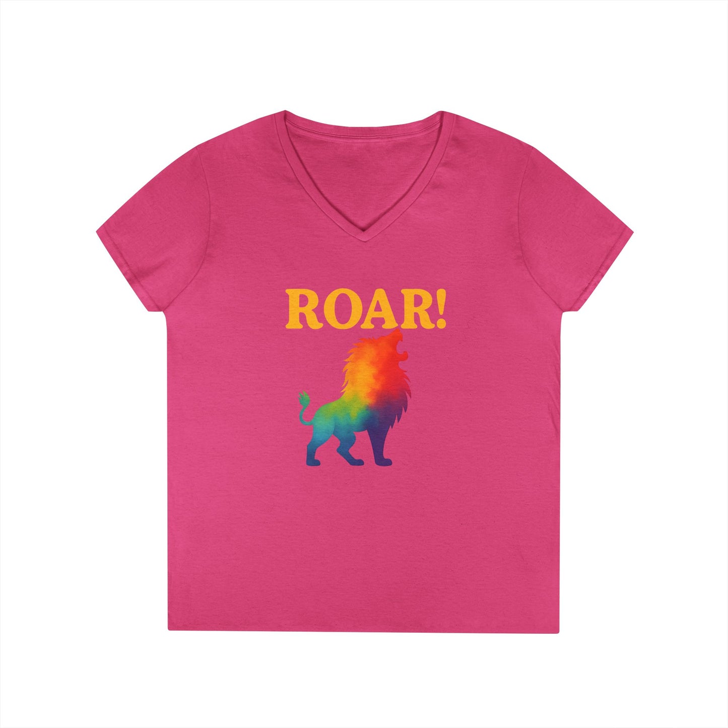 Roar Lion Women’s V-Neck Tee – Empowering Rainbow Zodiac Leo Shirt