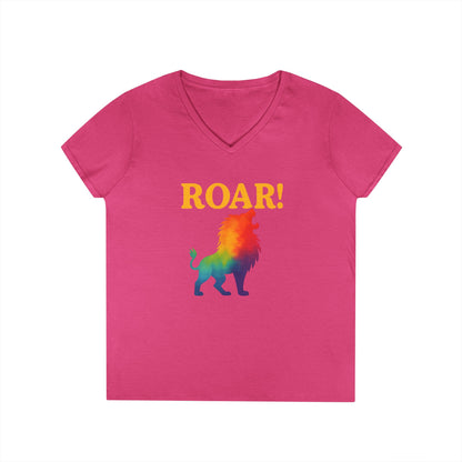 Roar Lion Women’s V-Neck Tee – Empowering Rainbow Zodiac Leo Shirt