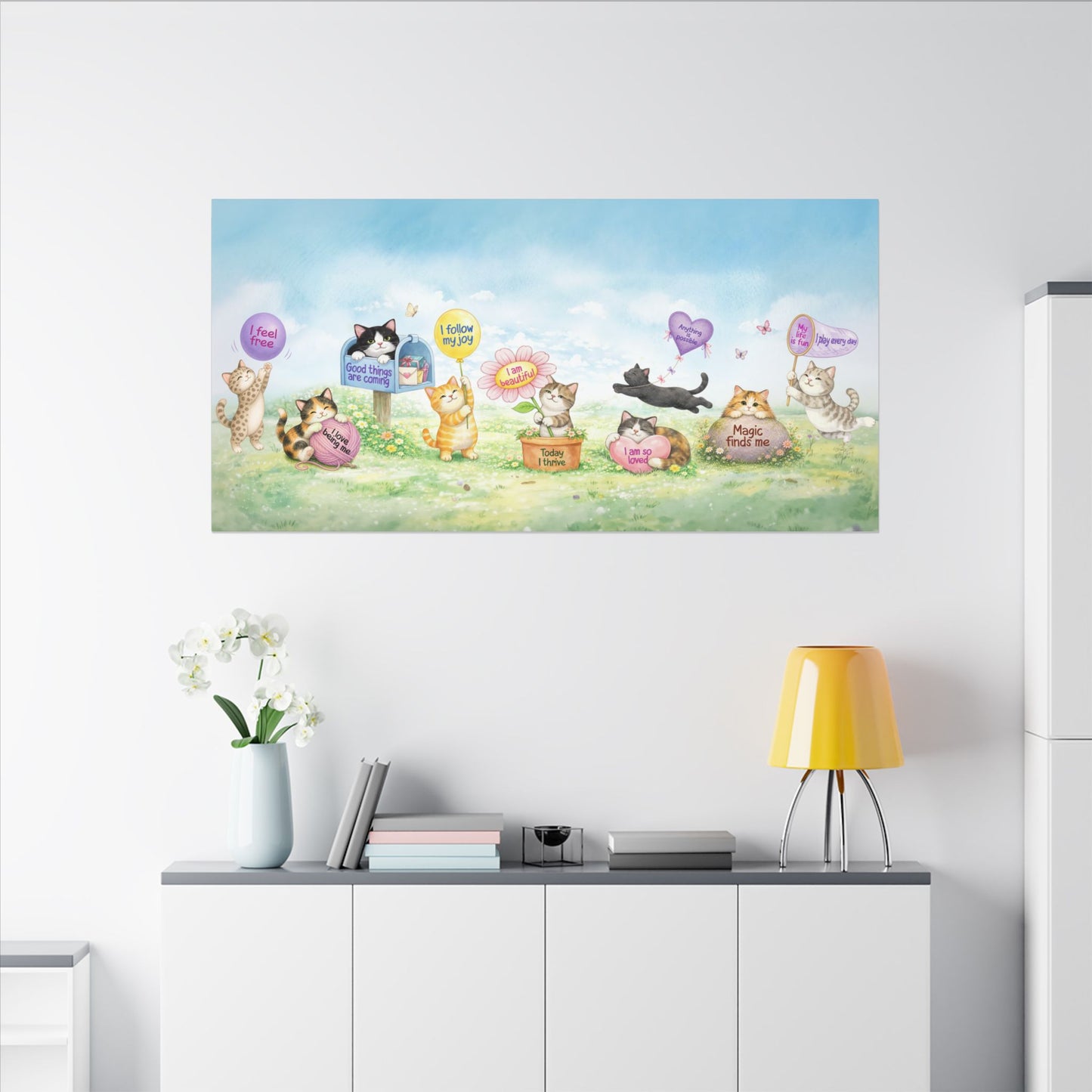 Cat Affirmation Wall Art, Whimsical Cats Canvas Print, Positive Affirmation Home Decor, Cute Cat Lover Gift, Inspirational Stretched Canvas Art