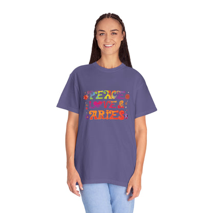 Peace Love & Aries – Colorful Retro Zodiac Tee