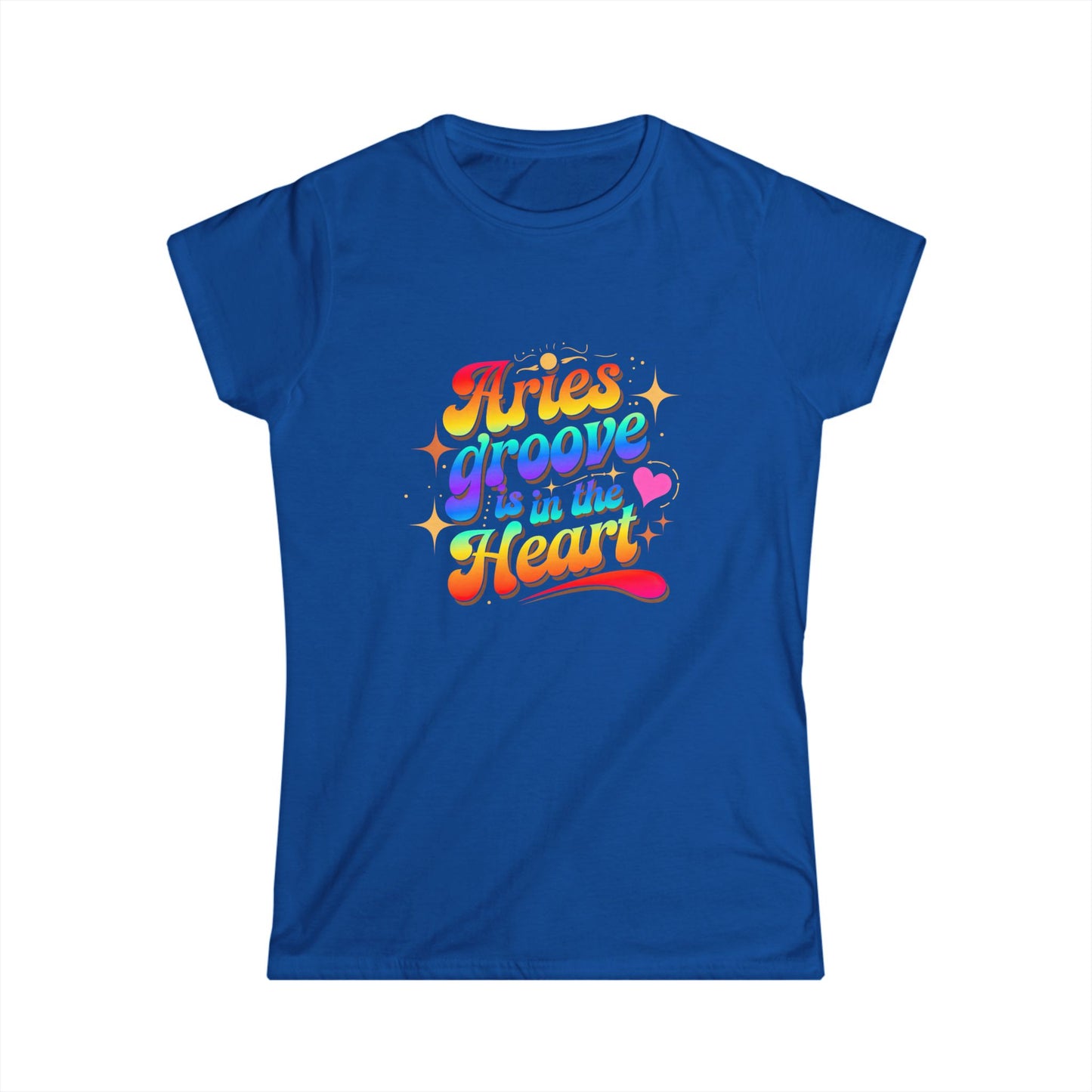 Aries Groove Is in the Heart T-Shirt | Rainbow Aries Vibes Tee | Zodiac Astrology Shirt for Her | Cosmic Birthday Gift | Women's Softstyle Star Sign Tee