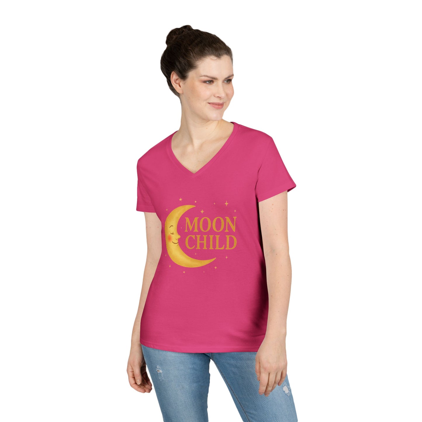 Moon Child Women’s V-Neck Tee – Empowering Celestial Lunar Zodiac Shirt