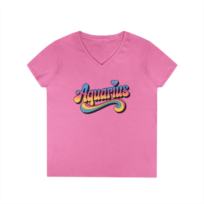 Retro Aquarius Women's V-Neck Tee – Empowering Colorful Zodiac Shirt