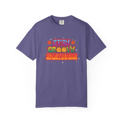 Stay Groovy Sagittarius – Retro Zodiac Flower Power Tee