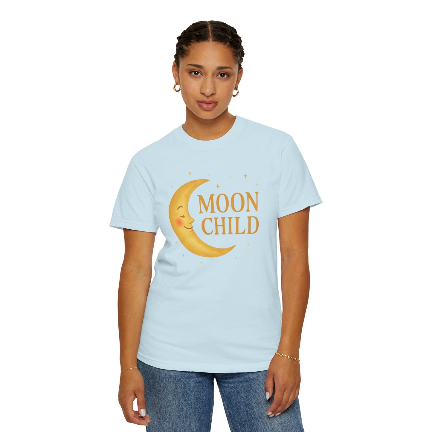 Moon Child Crescent Tee – Vibrant Golden Celestial Comfort Colors 1717 Shirt