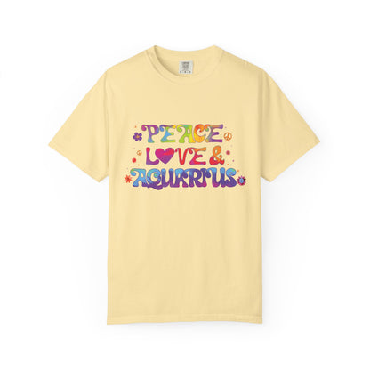 Peace Love & Aquarius Tee – Groovy Multicolor Zodiac Shirt