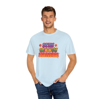 Stay Groovy Sagittarius – Retro Zodiac Flower Power Tee