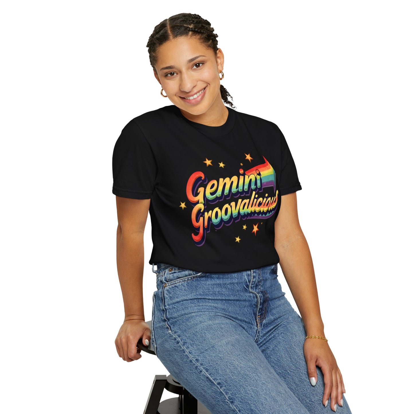 Gemini Groovalicious - Retro Rainbow Arrow Zodiac Tee