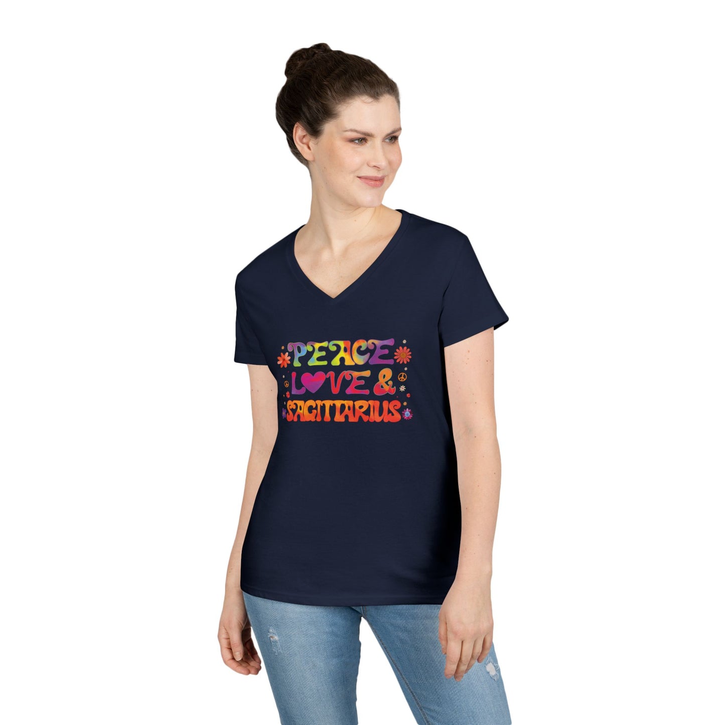 Peace Love Sagittarius Women’s V-Neck Tee – Empowering Retro Zodiac Shirt