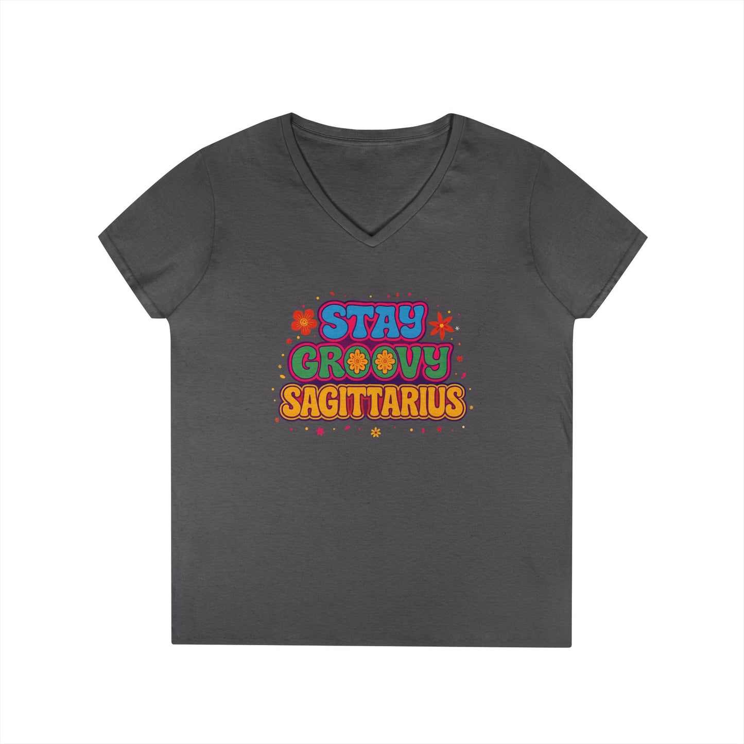 Stay Groovy Sagittarius Women’s V-Neck Tee – Empowering Retro Zodiac Shirt