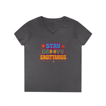 Stay Groovy Sagittarius Women’s V-Neck Tee – Empowering Retro Zodiac Shirt